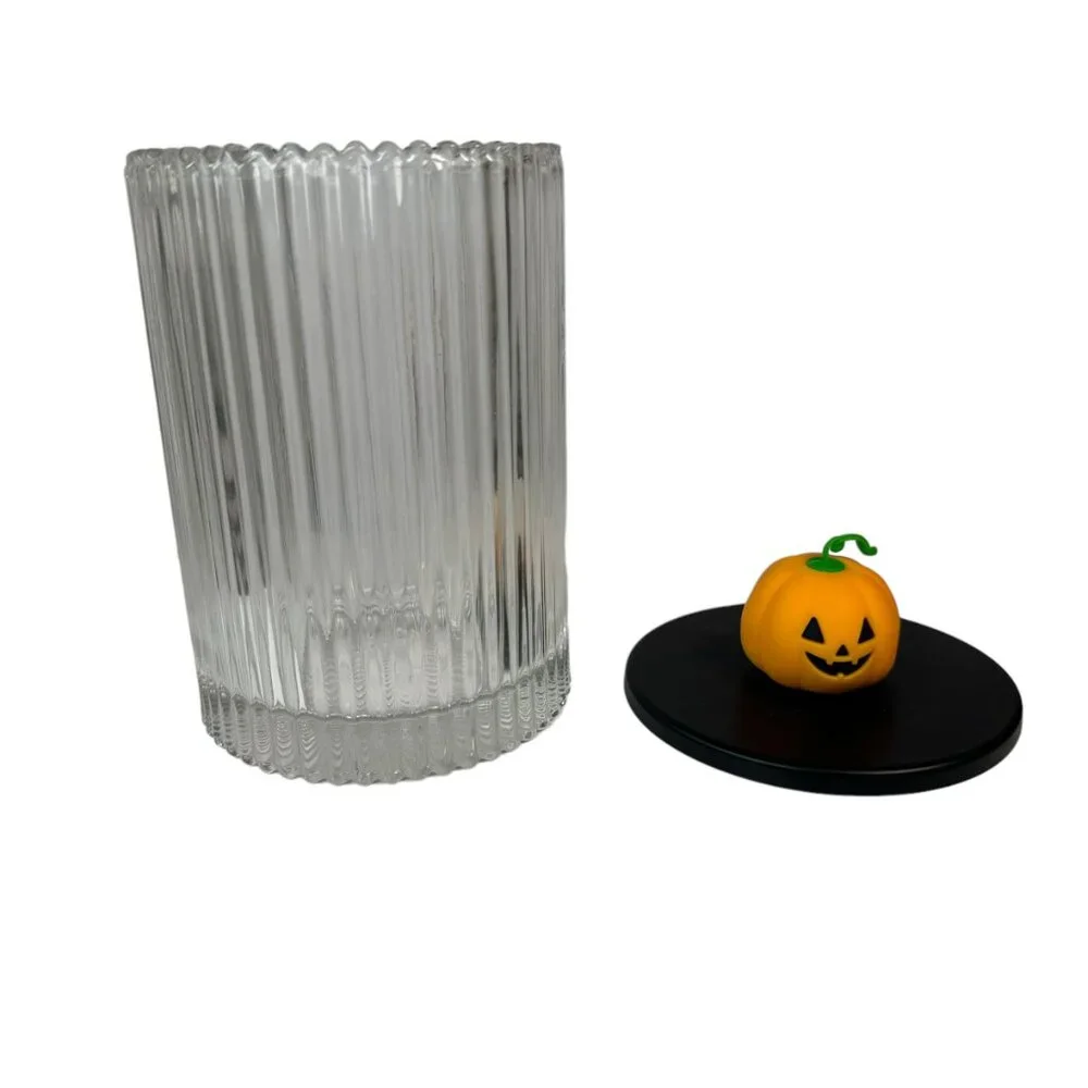 Clear Ribbed Glass Canister Jar w/ Lid Pumpkin Jack O Lantern Halloween Goth Emo - Picture 5 of 8